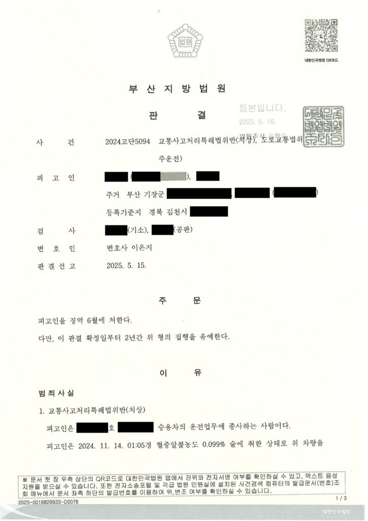 울산교통사고변호사 사례 - 부산지방법원 2024고단5094 교통사고처리특례법위반(치상) 자료 1