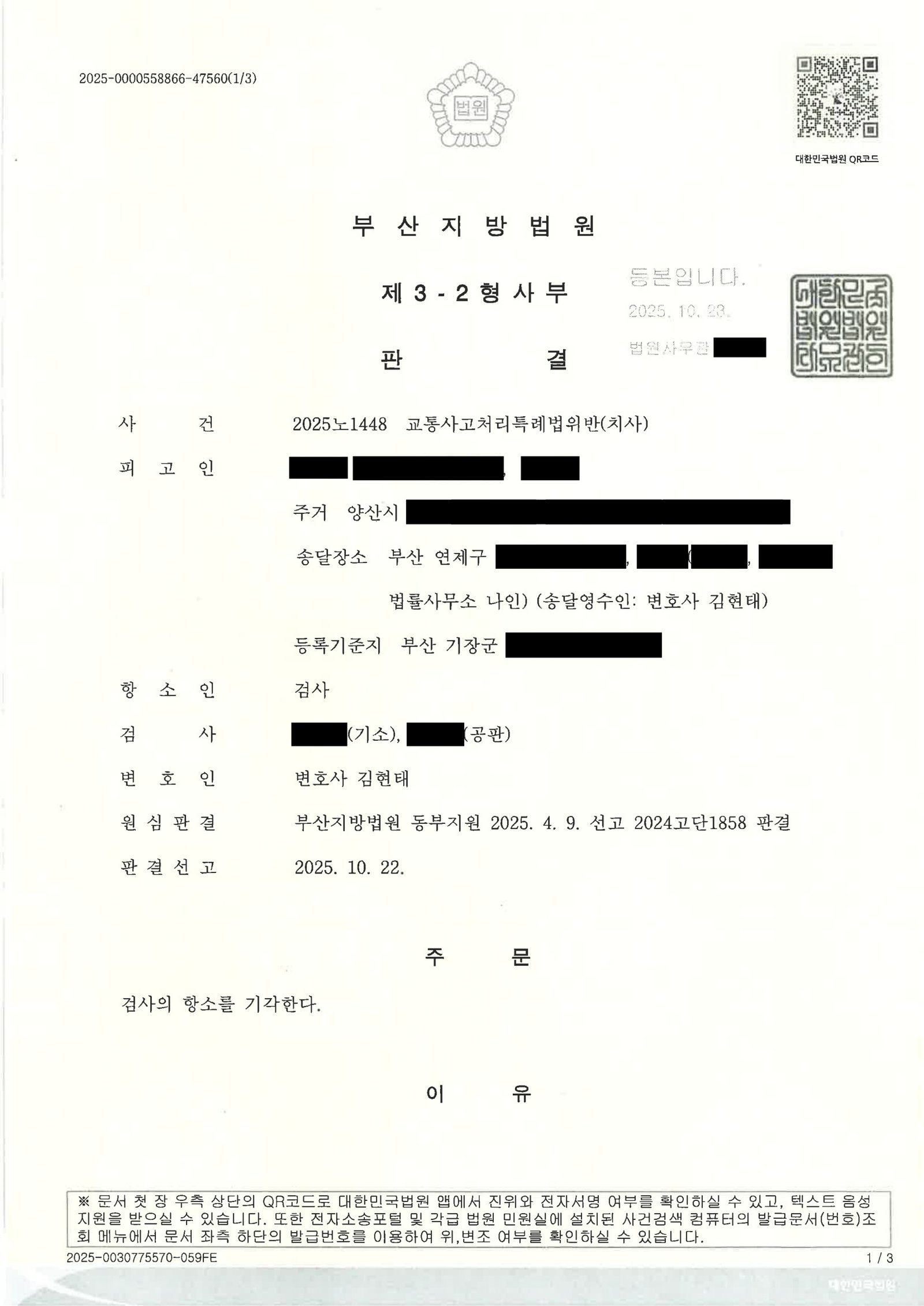 울산교통사고사망변호사 사례 - 야간 도로 중앙 보행자 충돌 사건 핵심 증거 자료 1